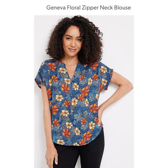 Maurices Women’s Plus Size 3X Geneva Floral Zipper Neck Short Sleeve Blouse Blue - Picture 2 of 11